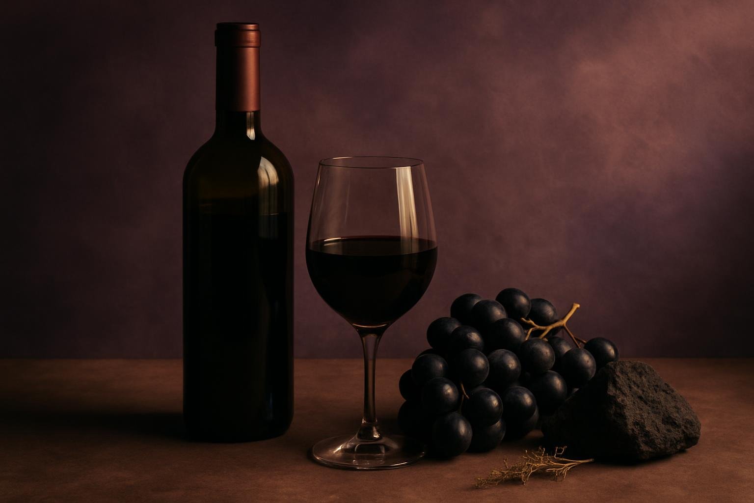 Glass and bottle of Aglianico with black grapes, dried herbs and volcanic stone