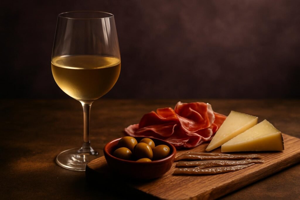 Glass of Airén beside a tapas spread