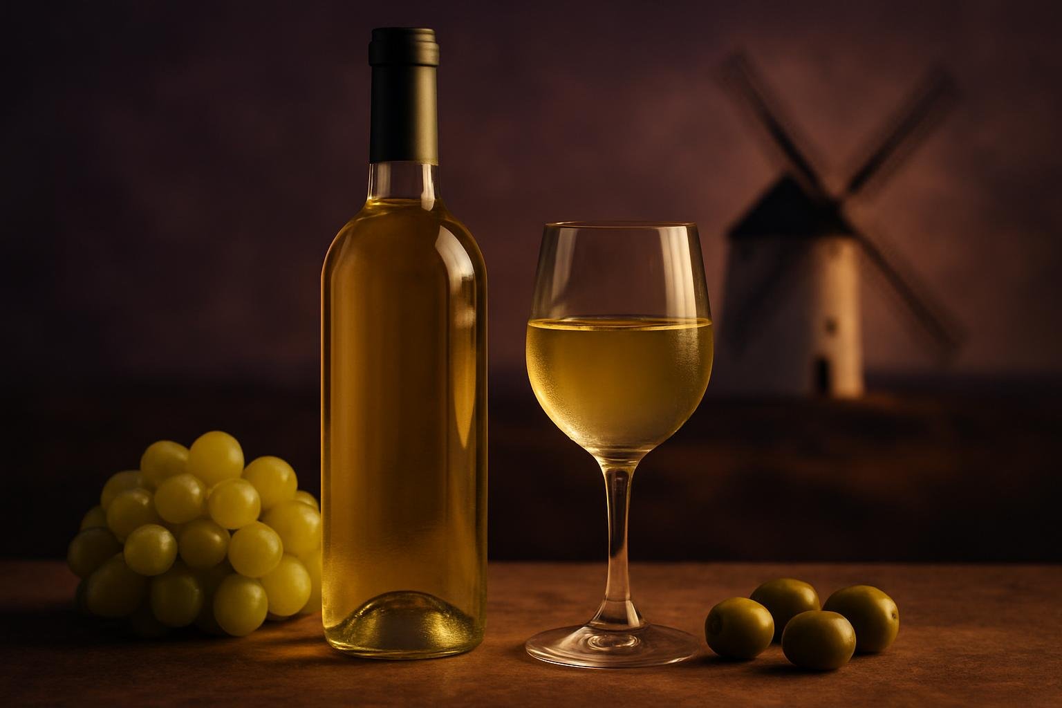 Glass and bottle of Airén with green grapes and olives