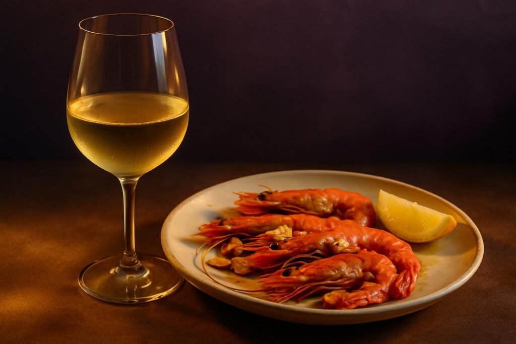 Glass of Albariño beside grilled garlic prawns with lemon