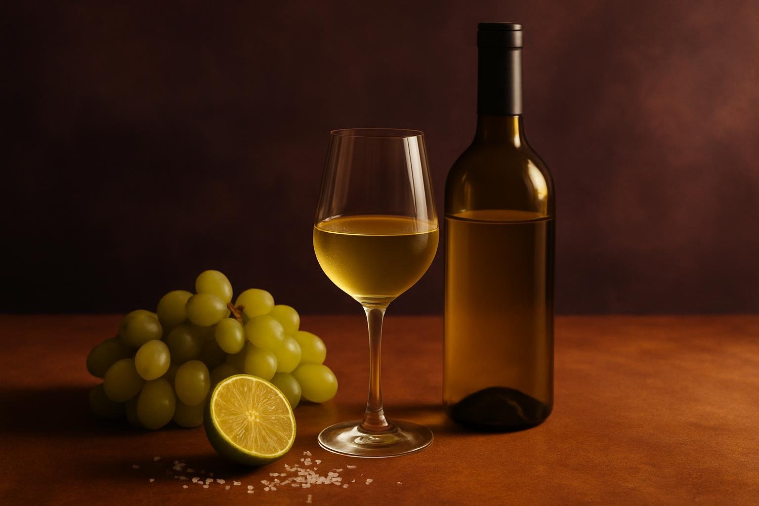 Glass and bottle of Albariño with green grapes, lime and sea salt