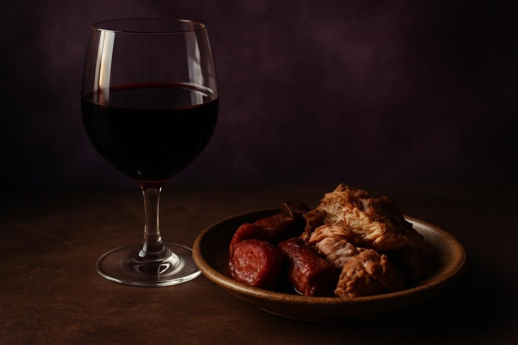 Glass of Alicante Bouschet beside chorizo and slow-cooked pork