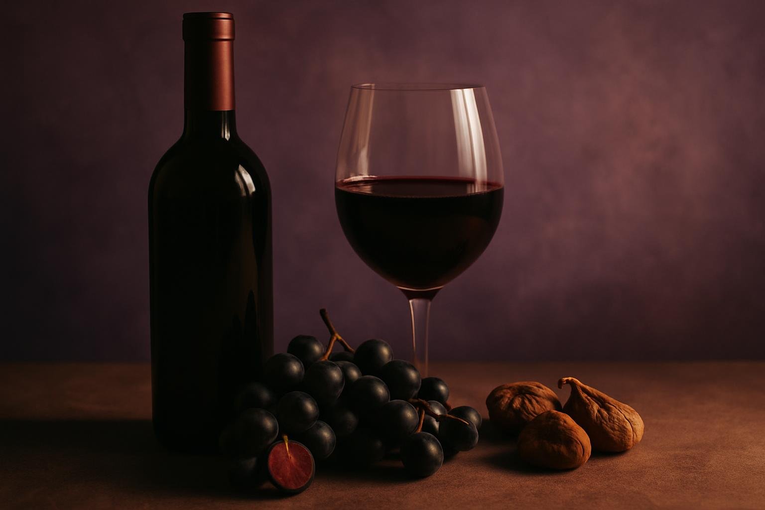 Glass and bottle of Alicante Bouschet with black grapes and dried figs