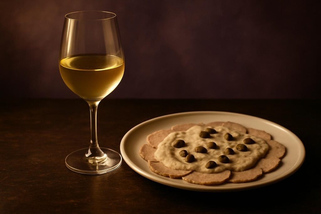 Glass of Arneis beside vitello tonnato