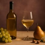 Glass and bottle of Arneis with green grapes, a pear, hazelnuts and blossom