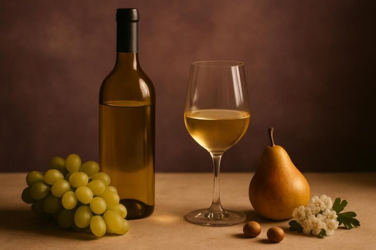 Glass and bottle of Arneis with green grapes, a pear, hazelnuts and blossom