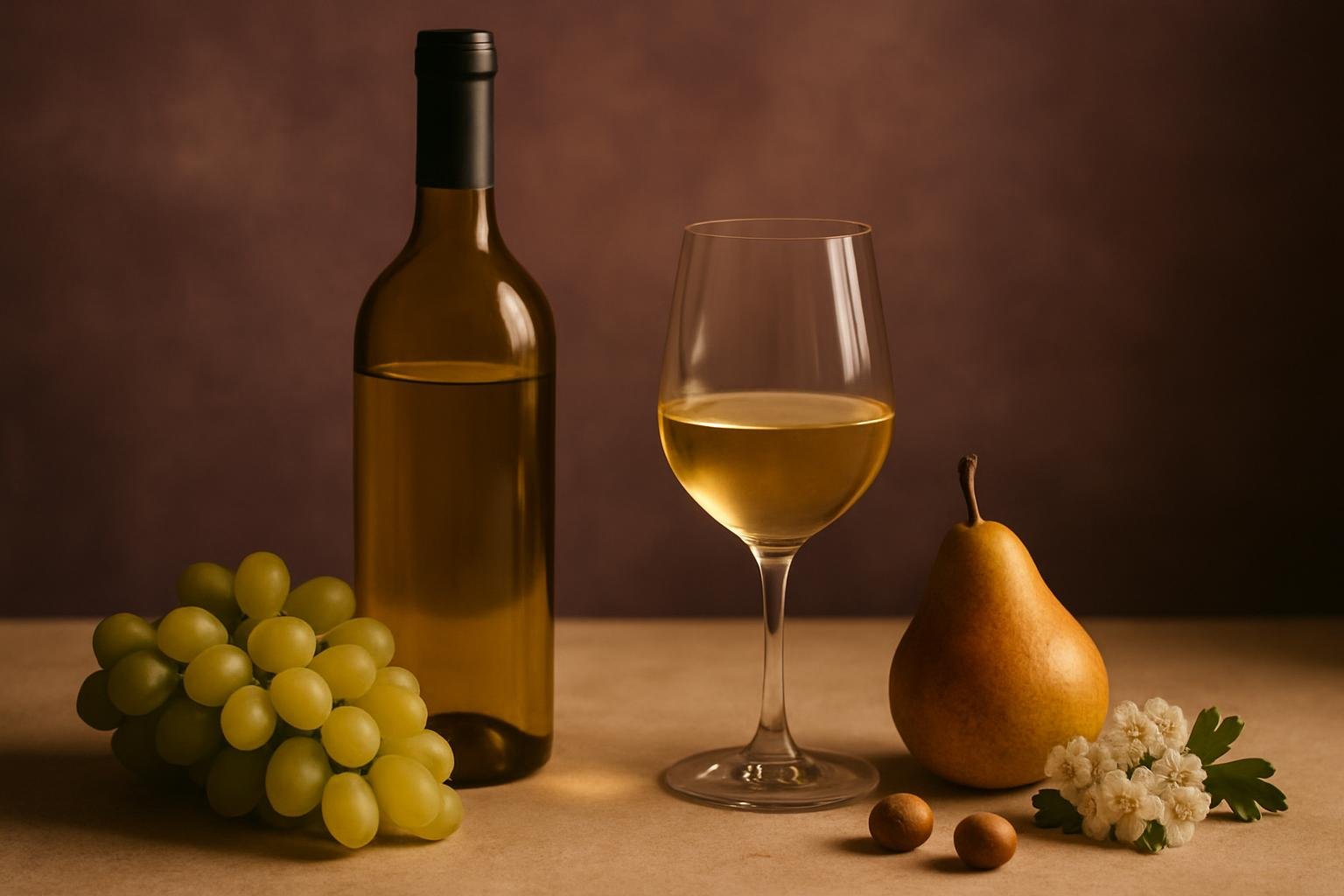Glass and bottle of Arneis with green grapes, a pear, hazelnuts and blossom