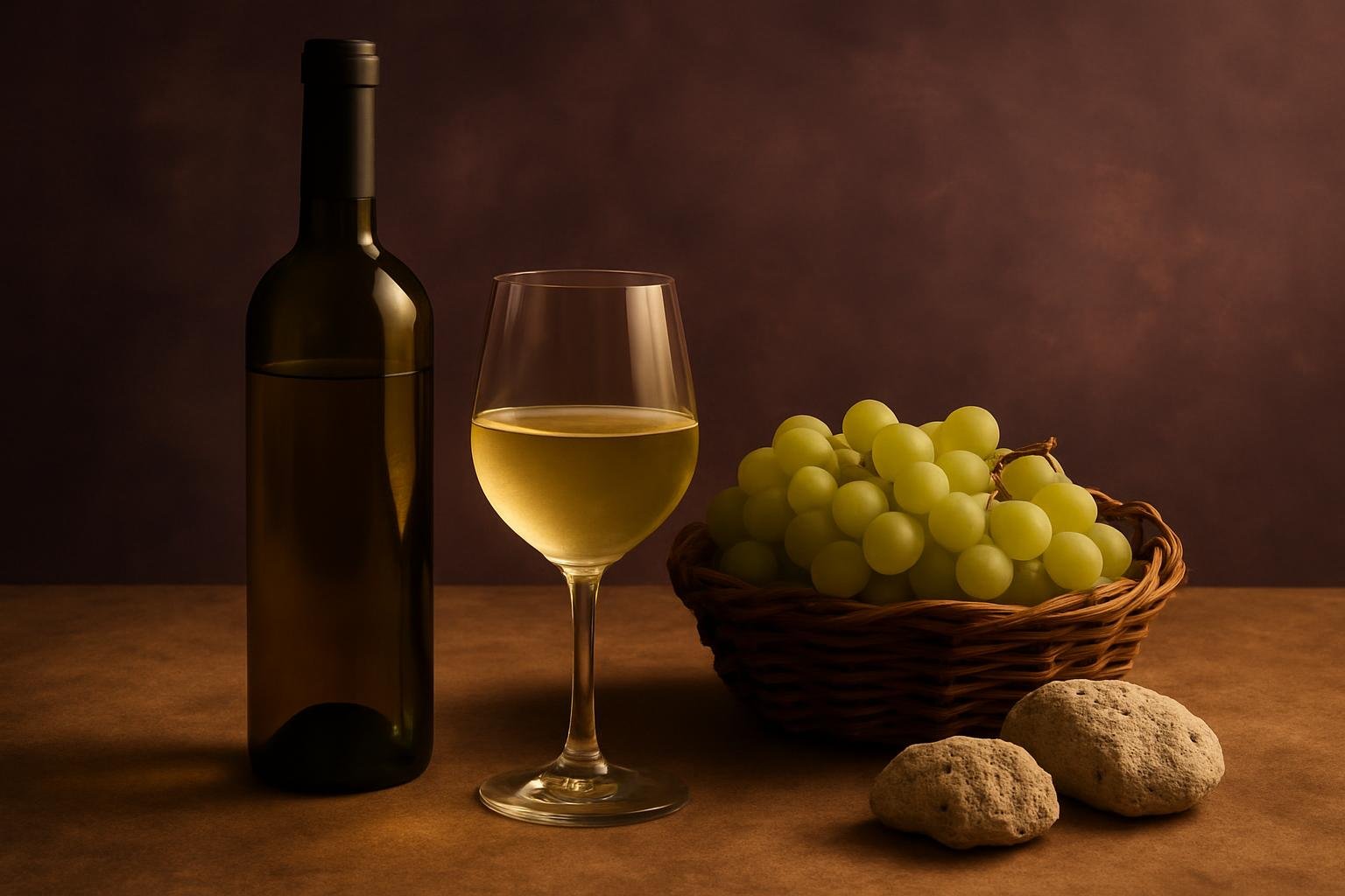 Glass and bottle of Assyrtiko with green grapes and volcanic pumice