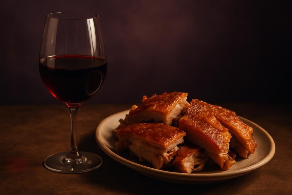 Glass of Baga beside roast suckling pig