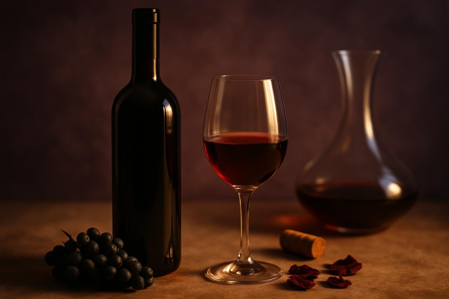 Glass and bottle of Baga with dark grapes, dried rose petals and a decanter
