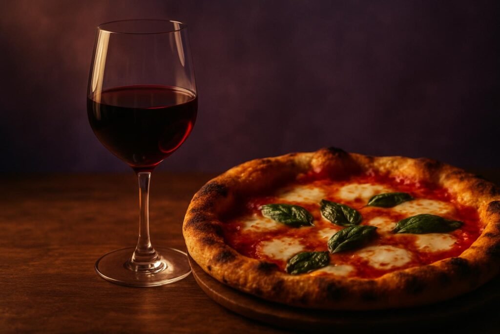 Barbera Wine Guide: The Unsung Heroine of Italian Vines 2 Glass of Barbera beside a margherita pizza