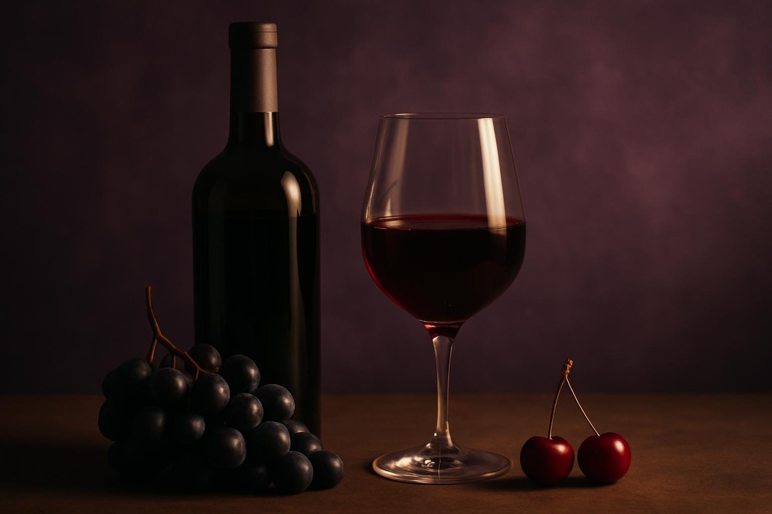 Glass and bottle of Barbera with dark grapes and cherries