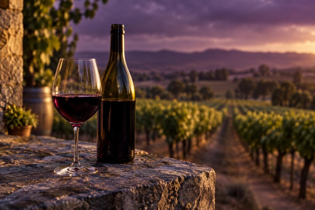Glass of dark Barossa Shiraz on a bluestone ledge with vines behind