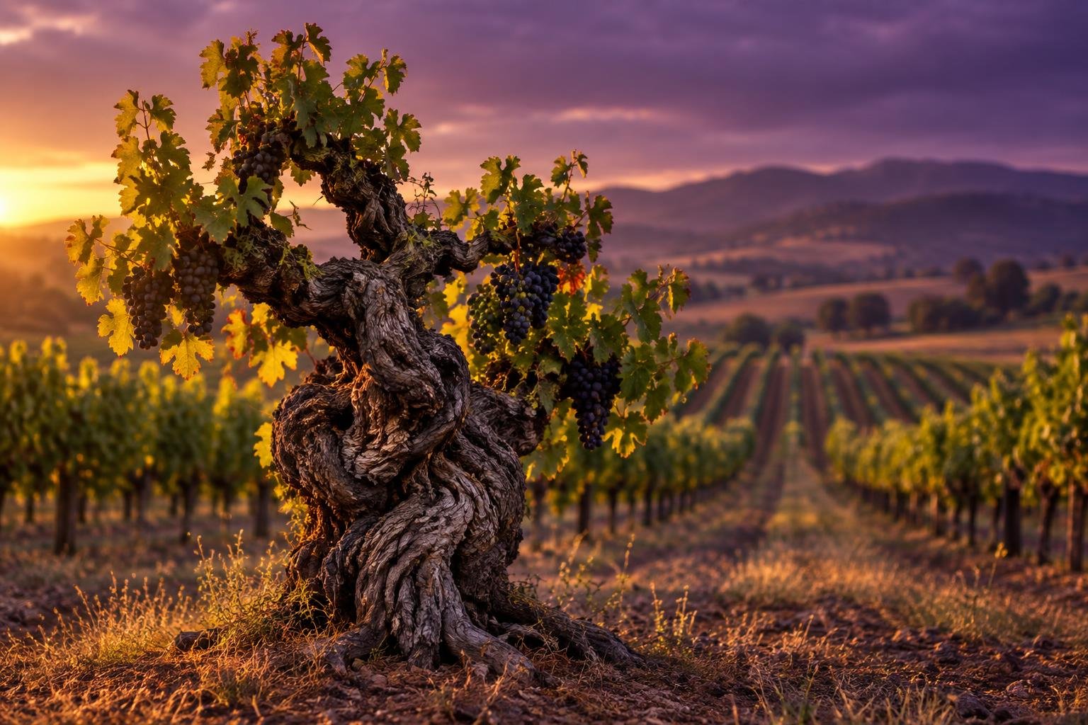 Ancient gnarled Shiraz vine in a Barossa Valley vineyard at sunset