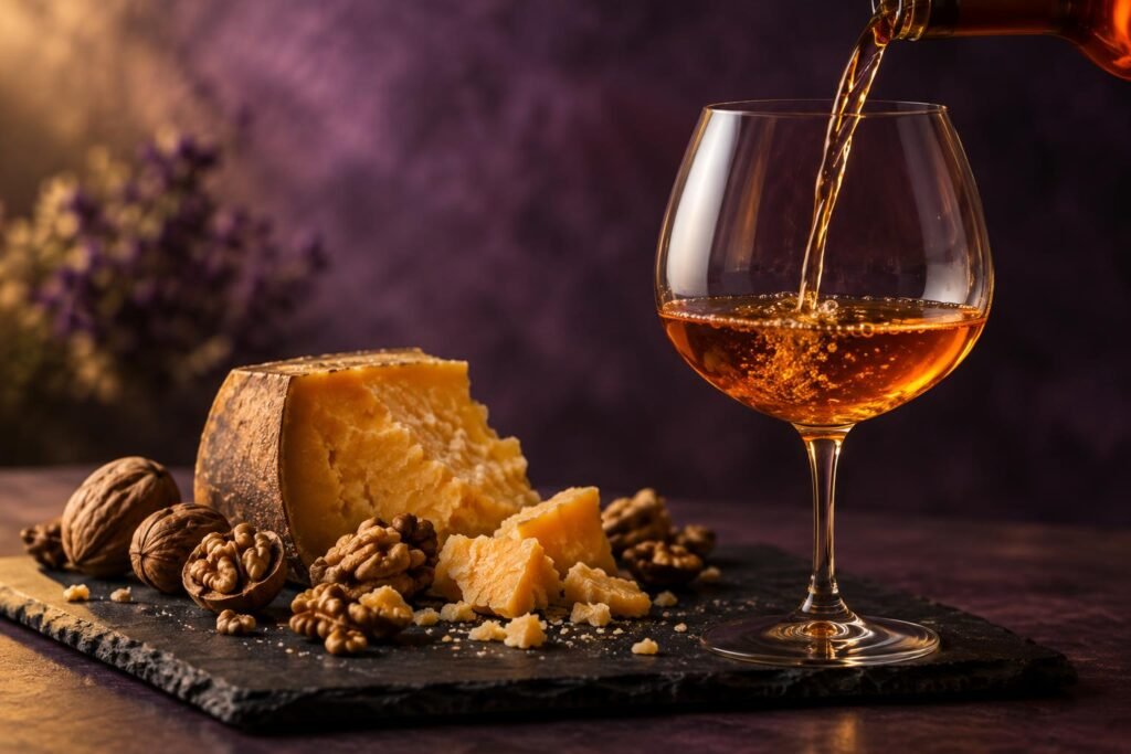 Best Cheese With Orange Wine: What to Serve and Skip 2 Amber orange wine poured beside crumbling aged gouda and walnuts