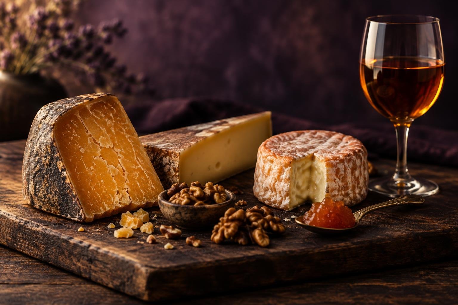 Aged gouda, comte and washed rind cheese beside a glass of amber orange wine