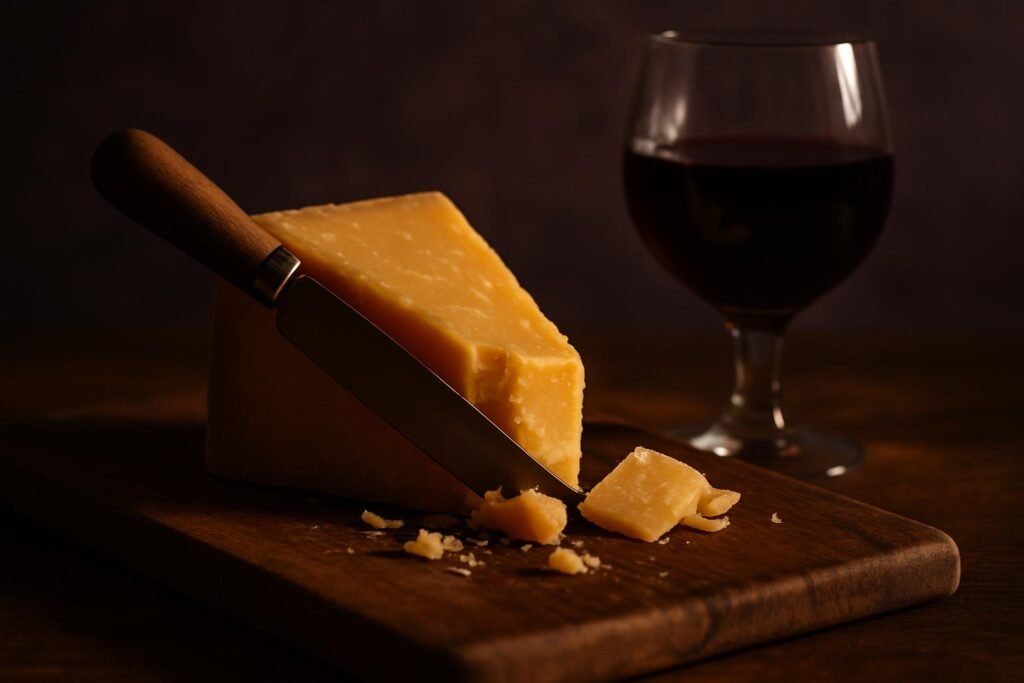 Best Cheese With Red Wine (and the Best Red for Each) 2 Wedge of aged cheddar on a board beside a glass of red wine