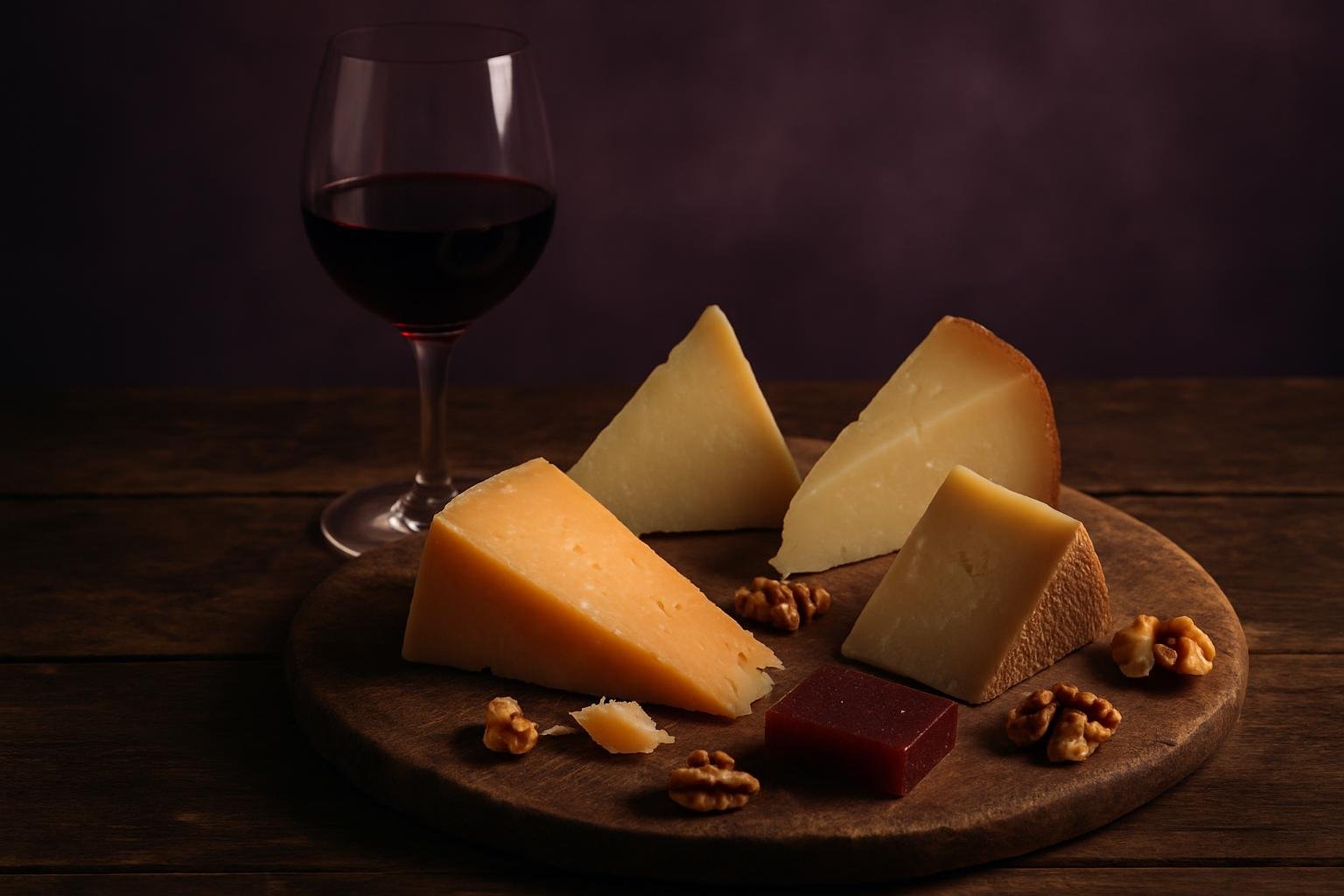 Cheeseboard with aged cheeses and a glass of red wine
