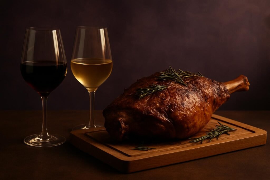The Best South Australian Wine Regions, Explained in Plain English 2 Shiraz and Riesling glasses next to roast lamb