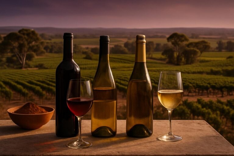 The Best South Australian Wine Regions, Explained in Plain English 3 Three wines with red soil and South Australian vineyards behind