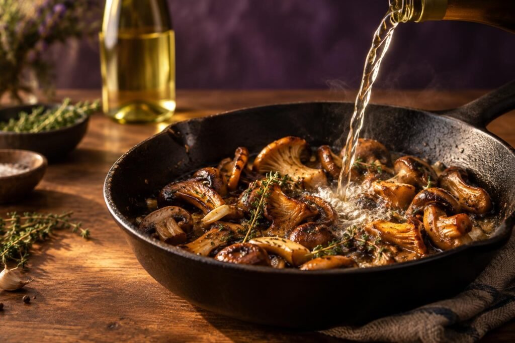 White wine being poured into a pan of golden sauteed mushrooms