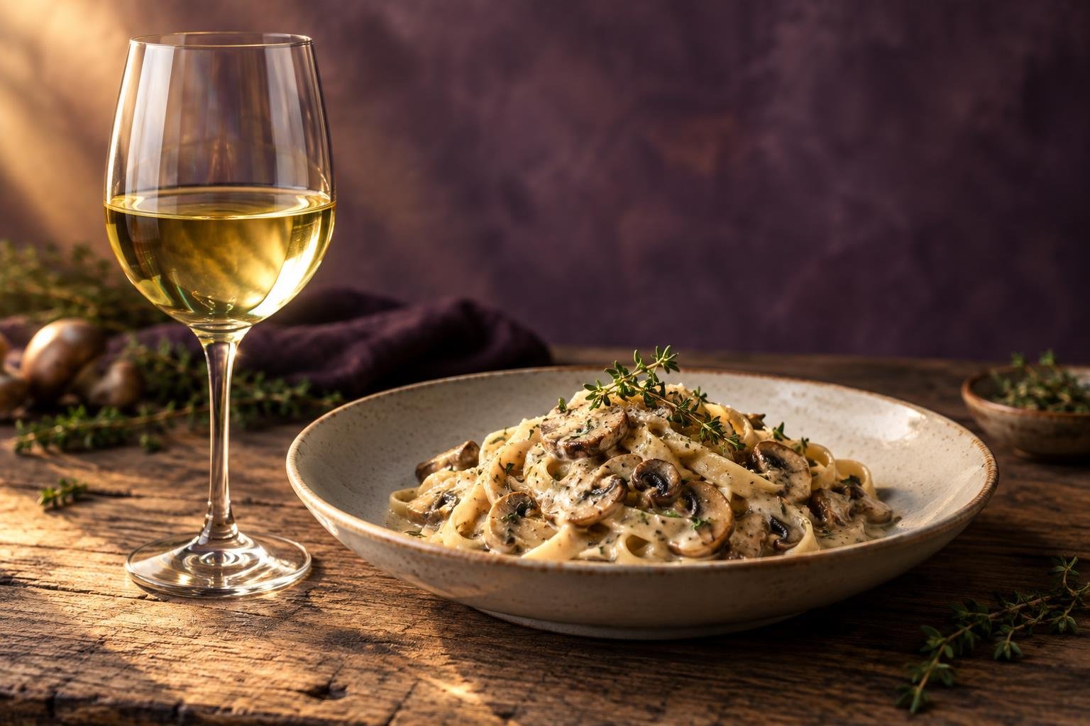Glass of Chardonnay beside a plate of creamy mushroom pasta with thyme