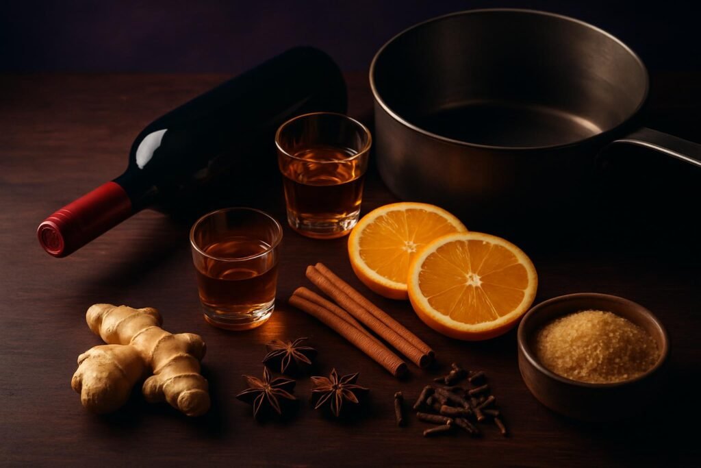 Ingredients for mulled wine laid out on a dark table: red wine, brandy, oranges, cinnamon sticks, star anise, cloves and brown sugar