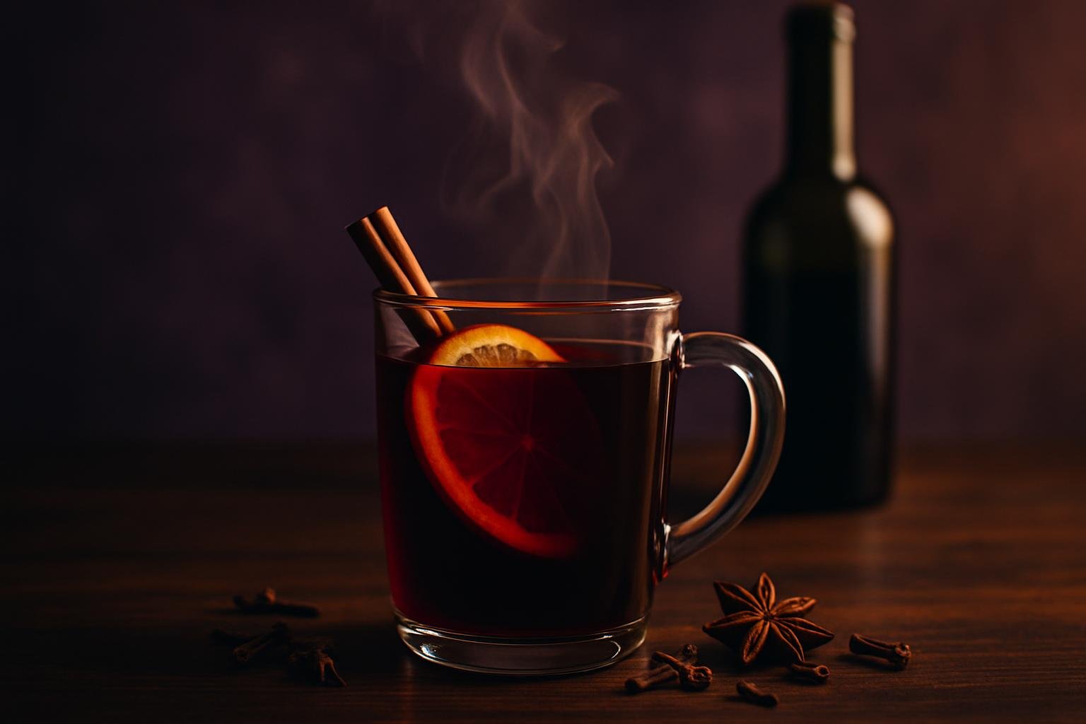 A steaming glass mug of mulled wine with an orange slice and cinnamon stick, spices scattered on a dark wooden table