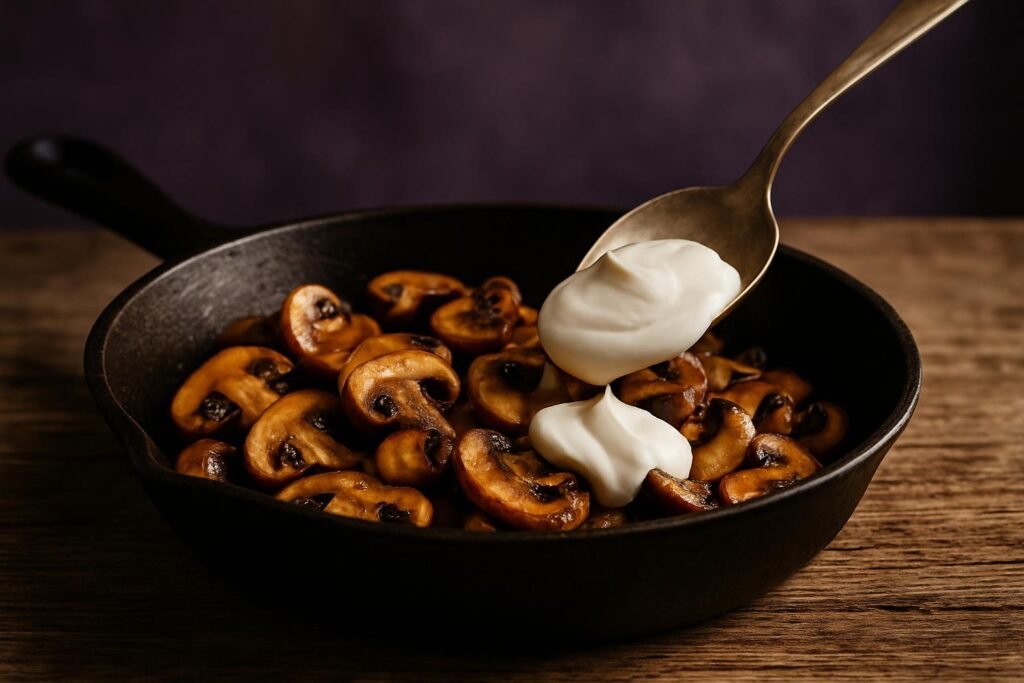 Stroganoff and Wine: What to Pour (and What to Avoid) 2 Browned mushrooms in a pan with sour cream being added