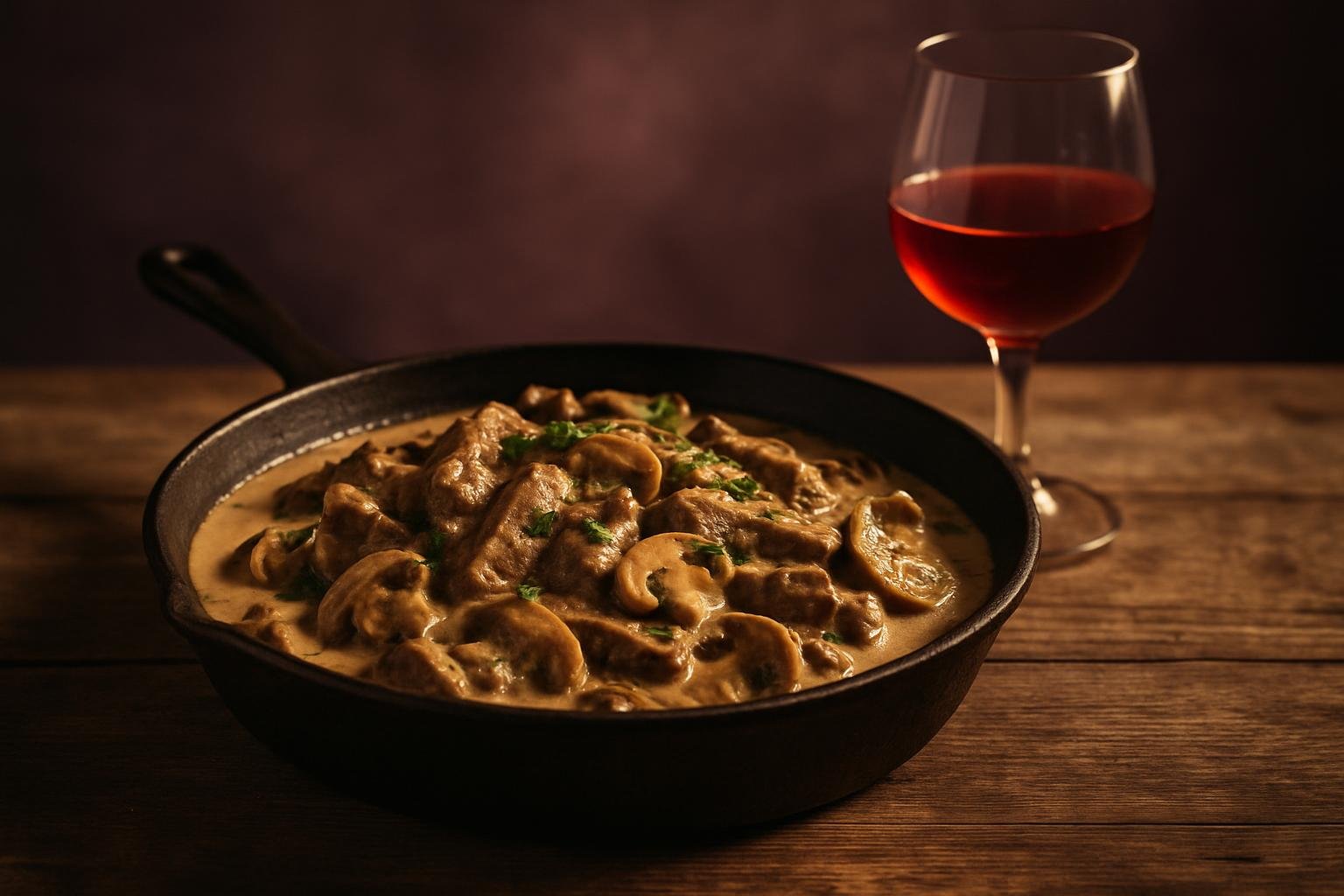 Pan of creamy stroganoff beside a glass of light red wine on a timber table