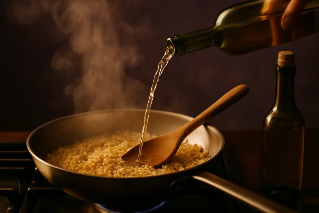 White wine poured into a pan of risotto rice