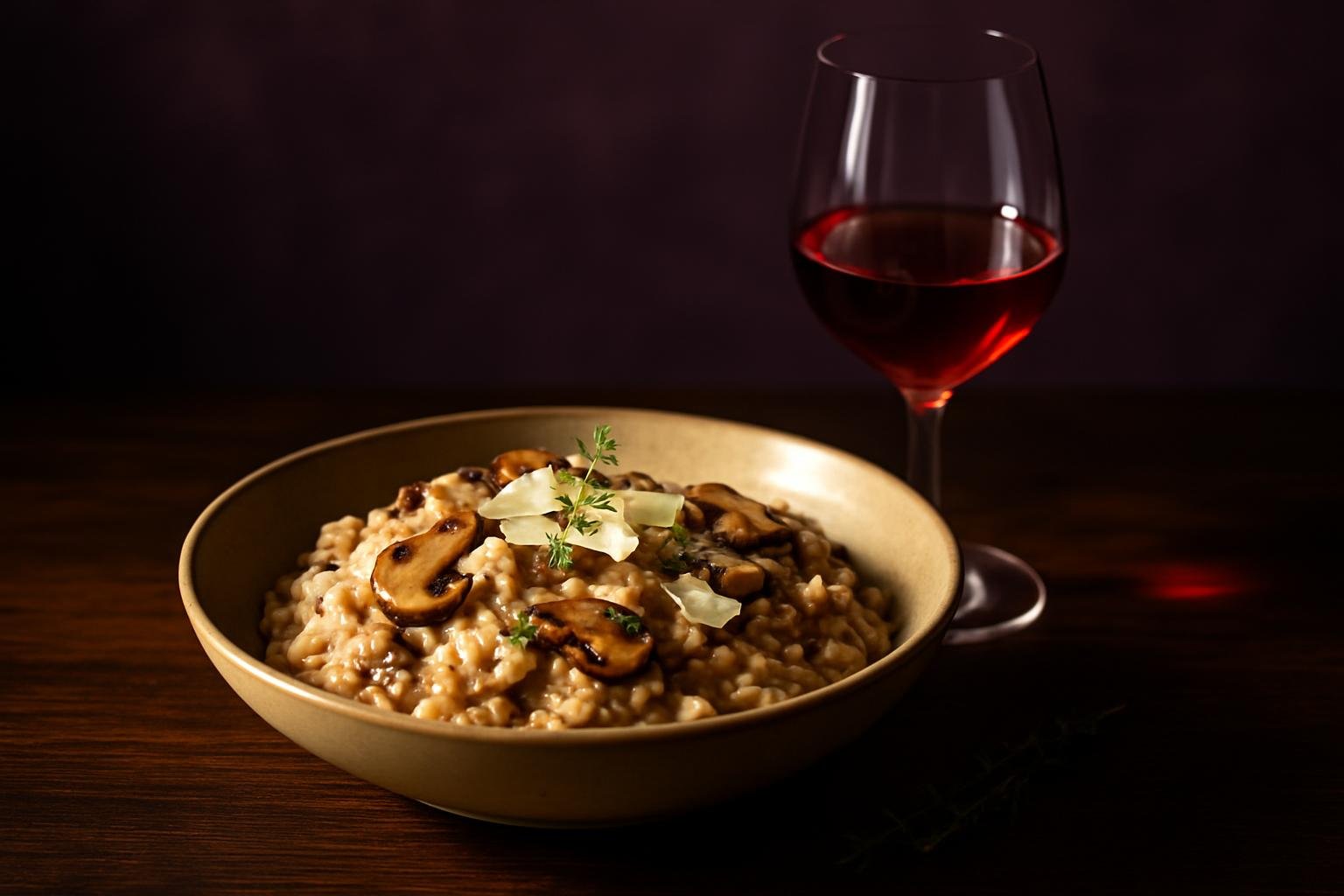 Bowl of mushroom risotto beside a glass of Pinot Noir