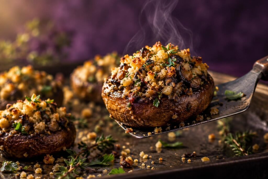 A single stuffed mushroom cap being lifted from a baking tray