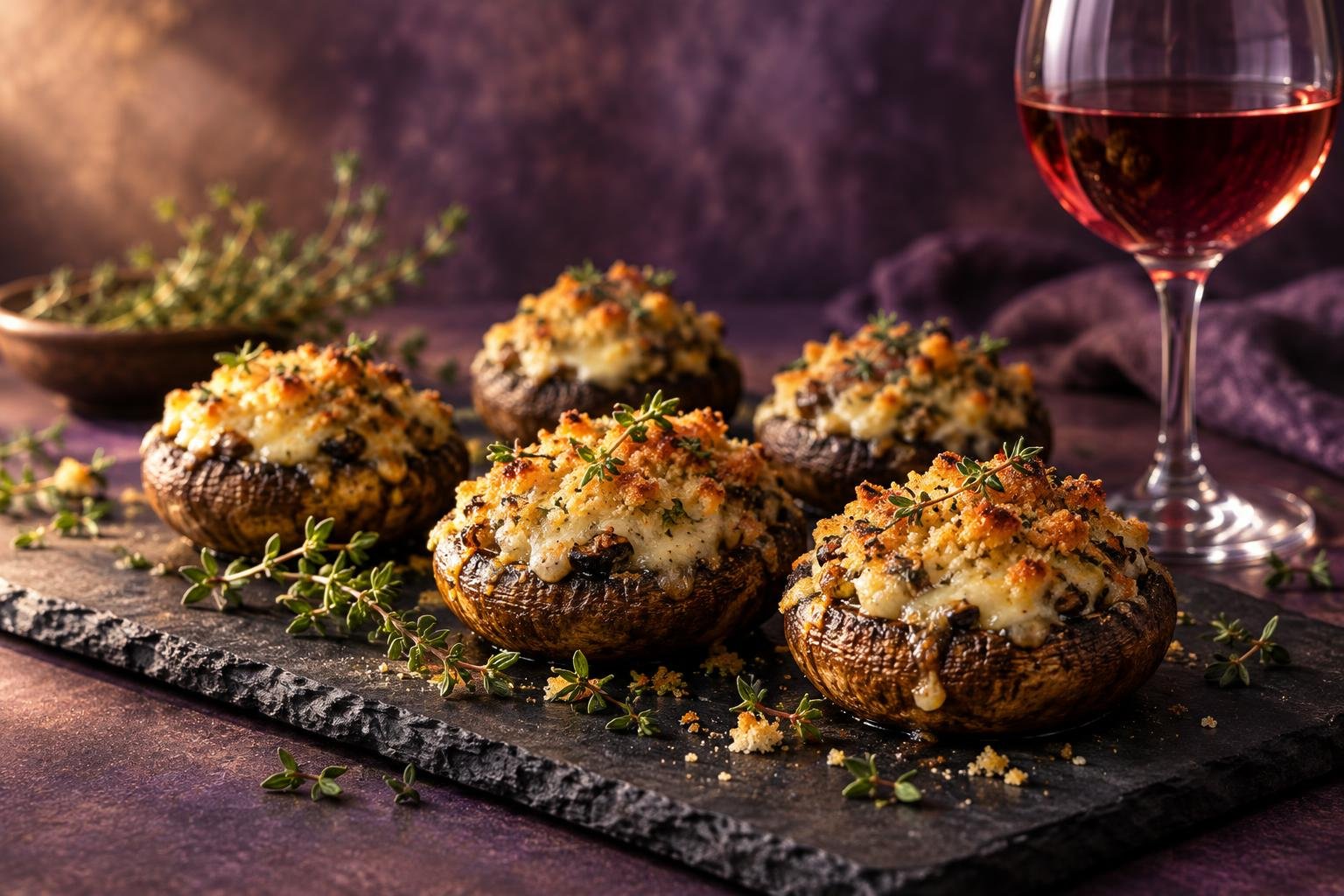 Baked stuffed mushroom caps on a slate board beside a glass of light red wine
