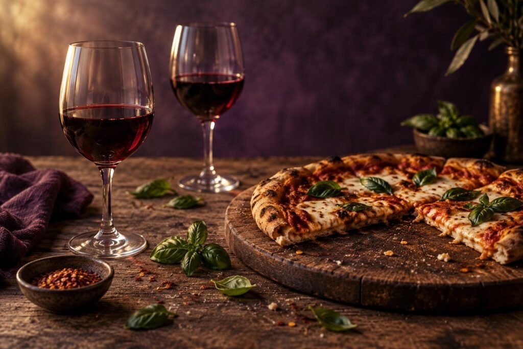 Best Wine With Pizza: What to Pour for Every Topping 2 Two glasses of red wine beside a half-eaten pizza with basil