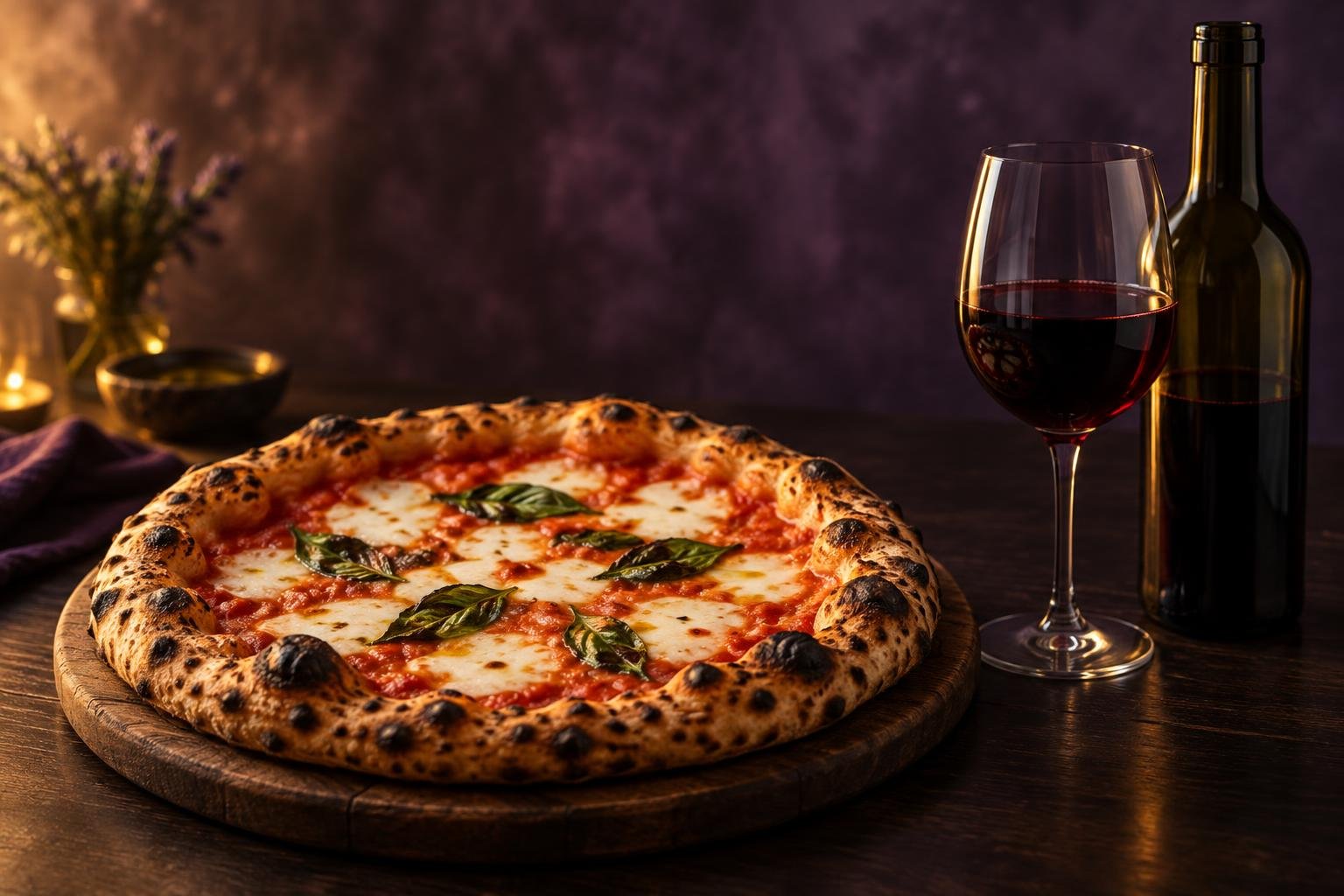 Neapolitan margherita pizza on a board beside a glass of red wine