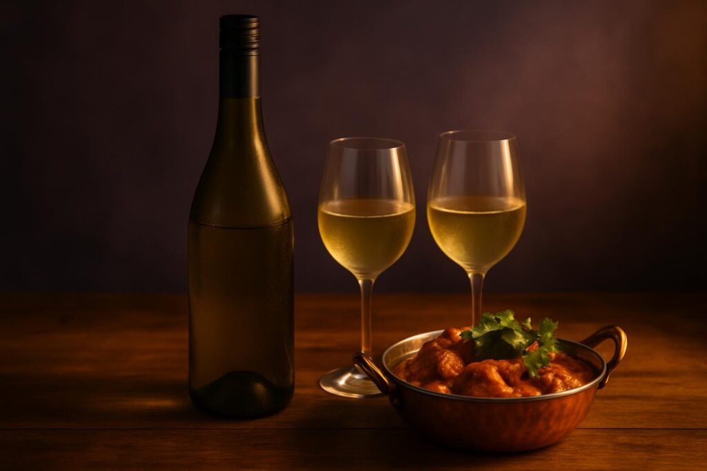 Bottle and glasses of pinot gris next to a copper bowl of butter chicken