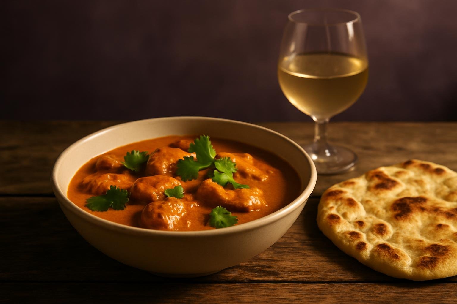 Bowl of butter chicken beside a glass of white wine on a timber table