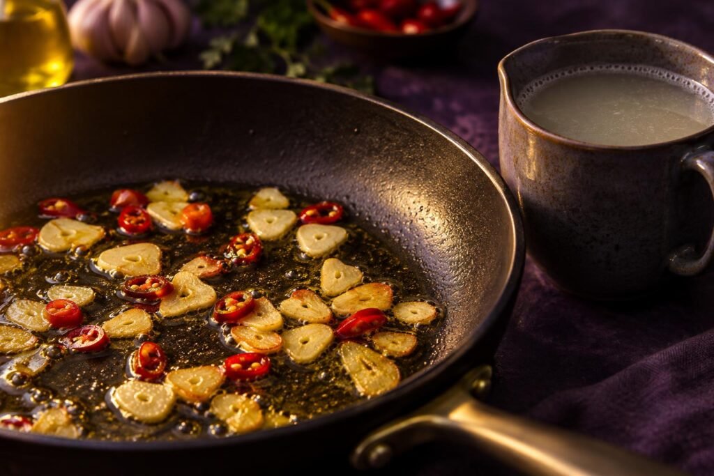 Sliced garlic and red chilli cooking gently in olive oil in a pan