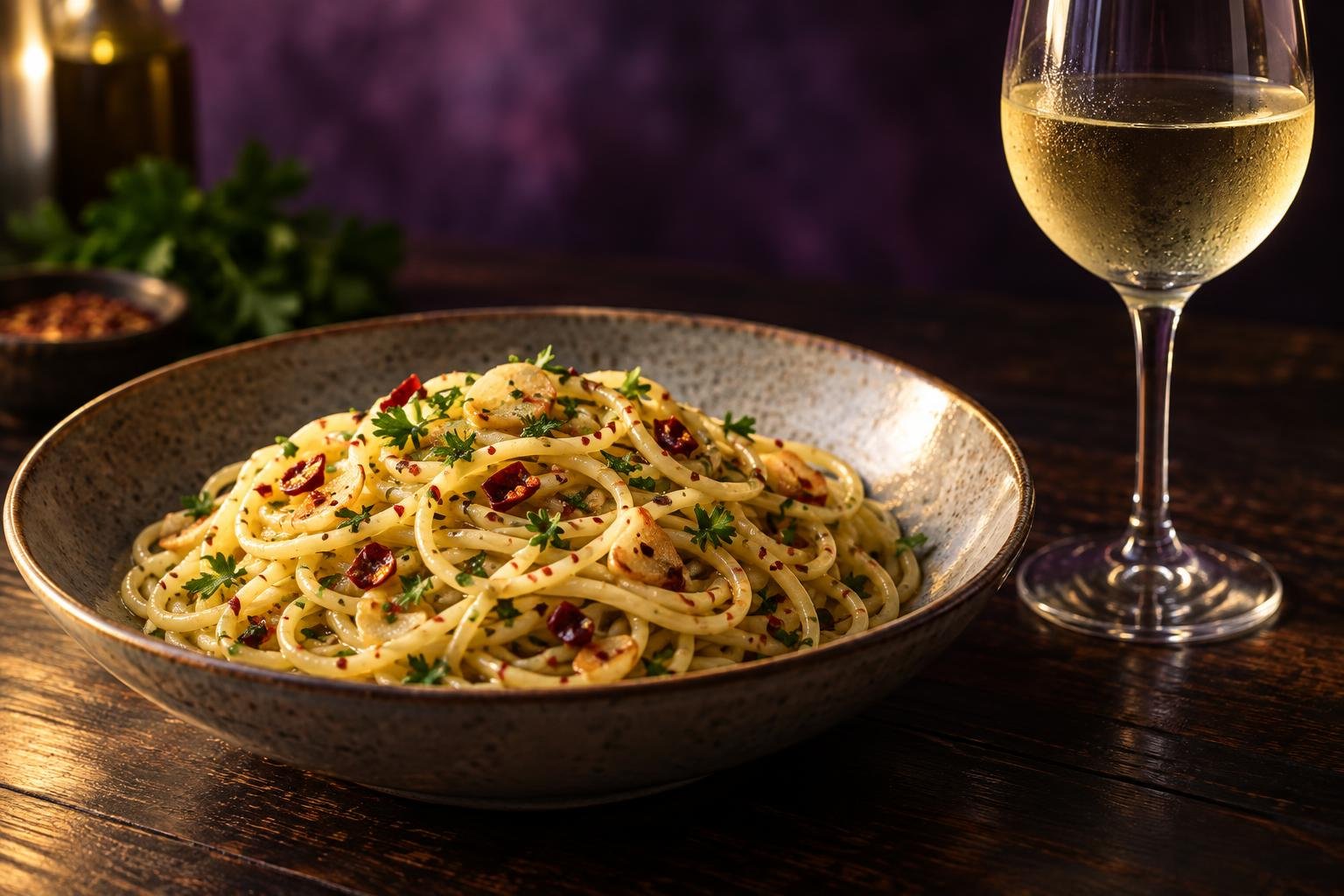 Spaghetti aglio e olio in a bowl beside a glass of chilled dry white wine