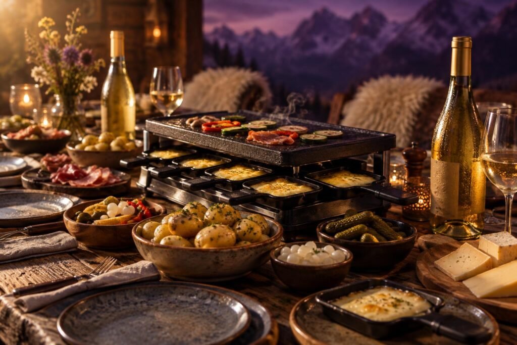 Best Wine With Raclette: What Cuts Through Melted Cheese 2 A raclette table with cheese, potatoes, pickles and chilled white wine