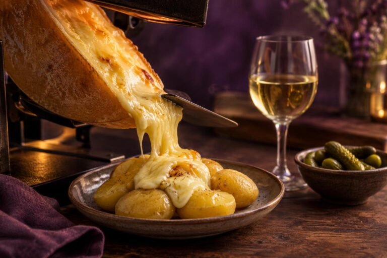 Best Wine With Raclette: What Cuts Through Melted Cheese 6 Melted raclette cheese scraped over potatoes beside a glass of white wine