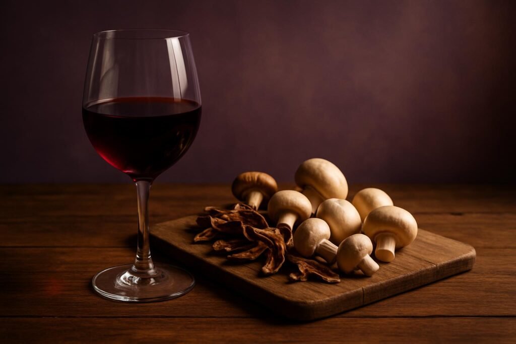 Mushroom Ravioli and Wine: What to Pour (and What to Avoid) 2 Glass of Pinot Noir beside dried and fresh mushrooms