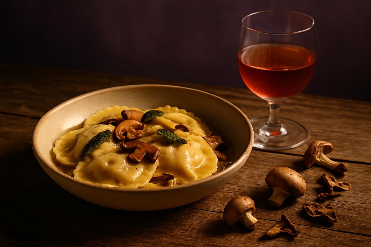 Bowl of mushroom ravioli beside a glass of red wine on a timber table