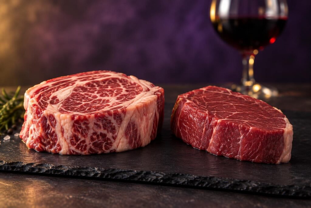 Best Wine With Steak: Reds, Whites and the Cut That Changes Everything 2 A marbled steak and a trimmed lean steak side by side on slate