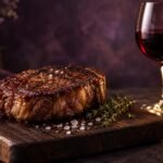 Seared steak on a wooden board next to a glass of red wine