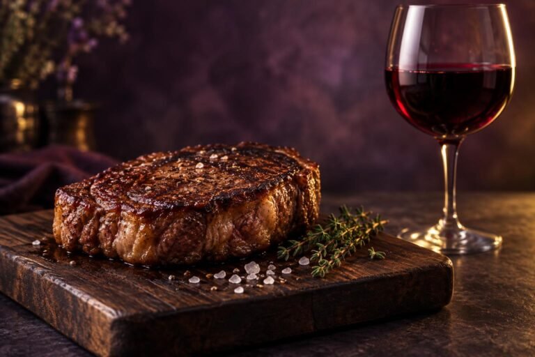 Seared steak on a wooden board next to a glass of red wine