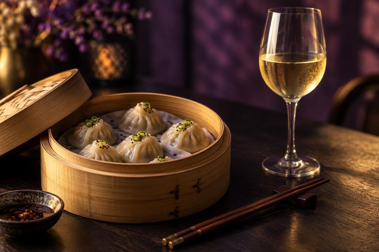 Steamer of dumplings beside a glass of white wine