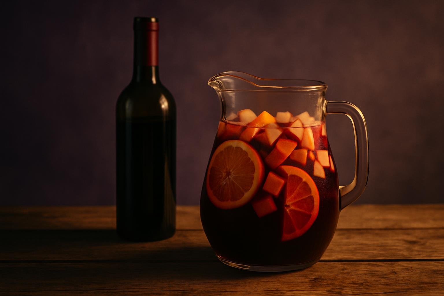Jug of red sangria with orange slices beside a bottle of red wine