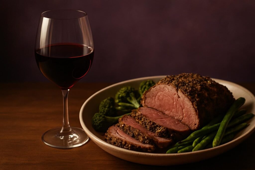 Glass of Cabernet Franc beside herb-crusted roast lamb